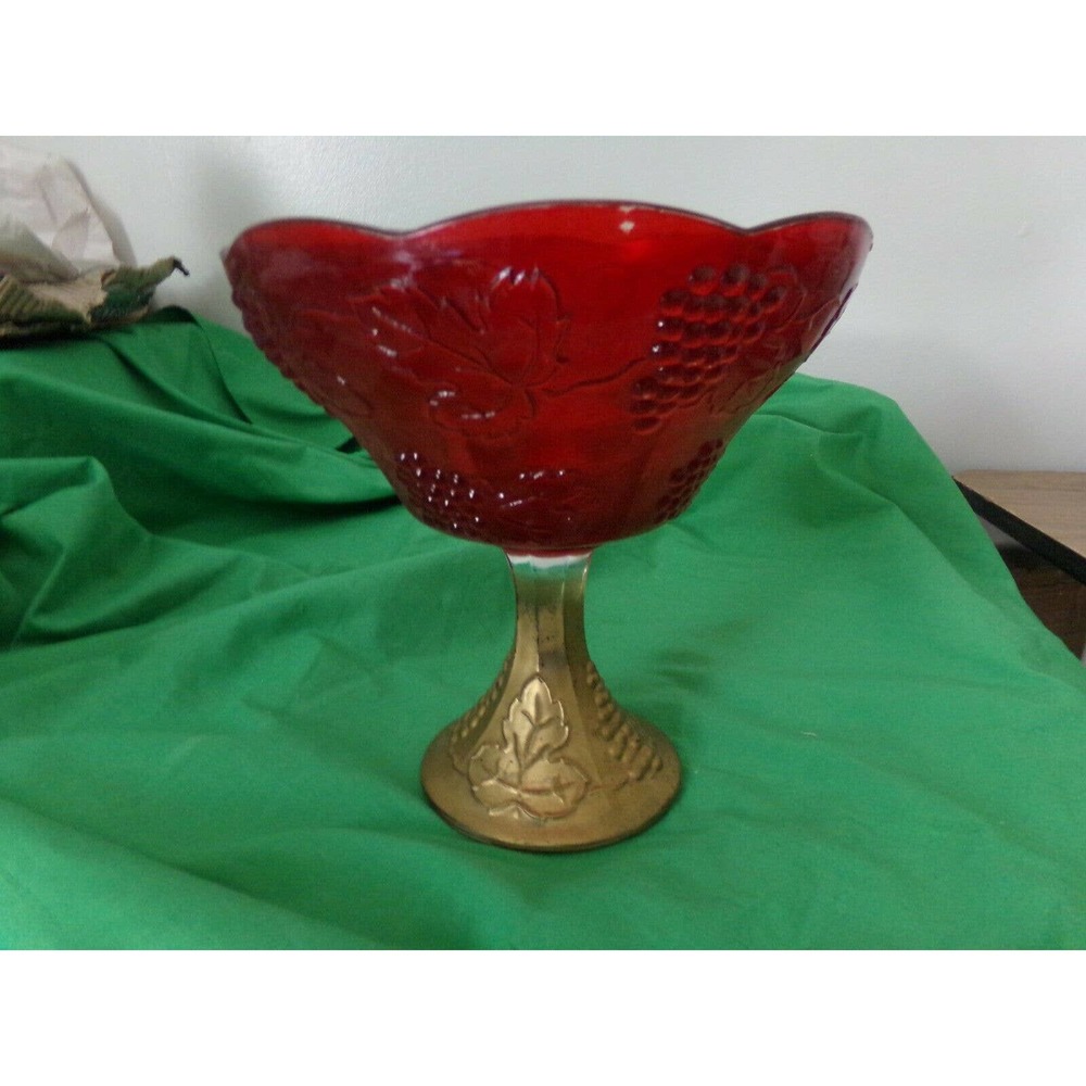 Antique Red & Gold Goofus Glass scallop edge 9" Bowl grape pattern